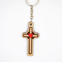 Wooden Cross Heart Key Chain